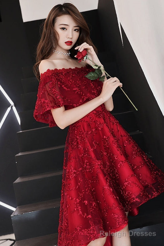 Wine Red Lace High Low Off Shoulder Party Dress, Dark Red Homecoming Dress