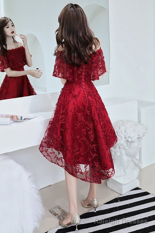 Wine Red Lace High Low Off Shoulder Party Dress, Dark Red Homecoming Dress
