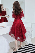 Wine Red Lace High Low Off Shoulder Prom Dresses Dark Red Homecoming Dresses