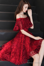 Wine Red Lace High Low Off Shoulder Party Dress, Dark Red Homecoming Dress
