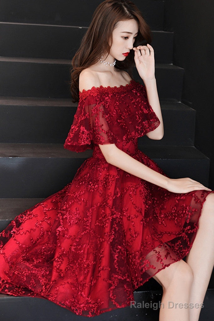 Wine Red Lace High Low Off Shoulder Prom Dresses Dark Red Homecoming Dresses Main image