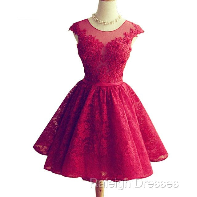 Wine Red Lace Knee Length Round Neckline Prom Dresses Cute Homecoming Dress