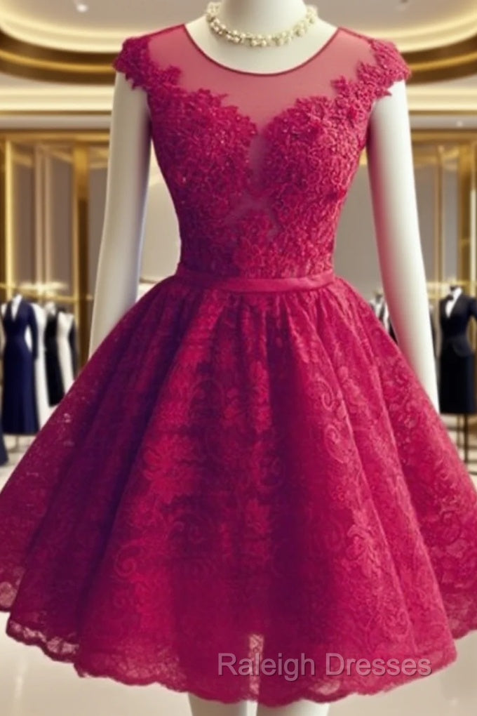 Wine Red Lace Knee Length Round Neckline Party Dress, Cute Homecoming Dresses Main image