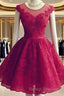 Wine Red Lace Knee Length Round Neckline Party Dress, Cute Homecoming Dresses