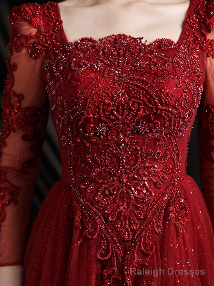 Wine Red Lace Long Sleeves Low Back Tulle Prom Dress, Wine Red Beaded Party Dress Secondary image