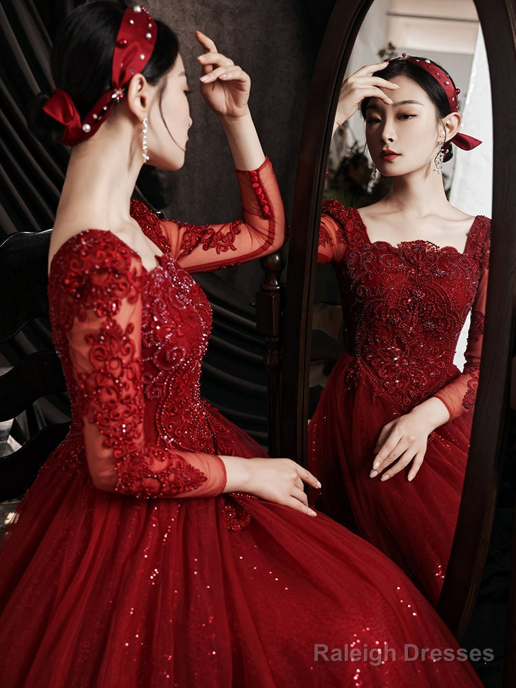 Wine Red Lace Long Sleeves Low Back Tulle Prom Dress, Wine Red Beaded Party Dress