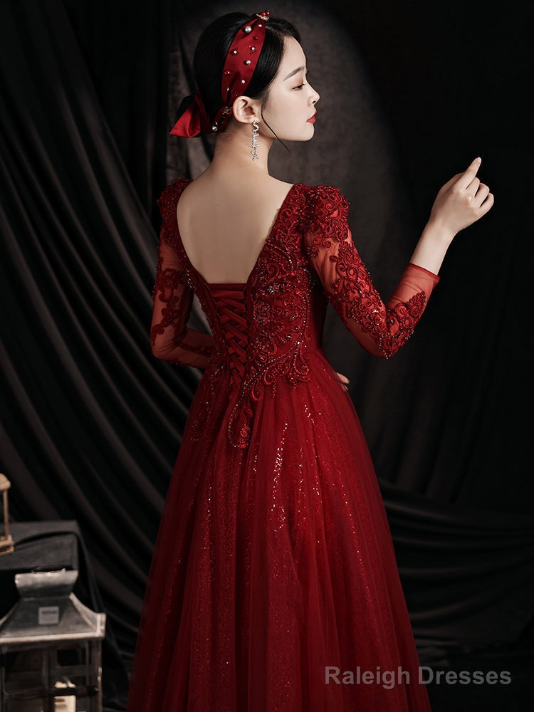 Wine Red Lace Long Sleeves Low Back Tulle Prom Dress, Wine Red Beaded Party Dress