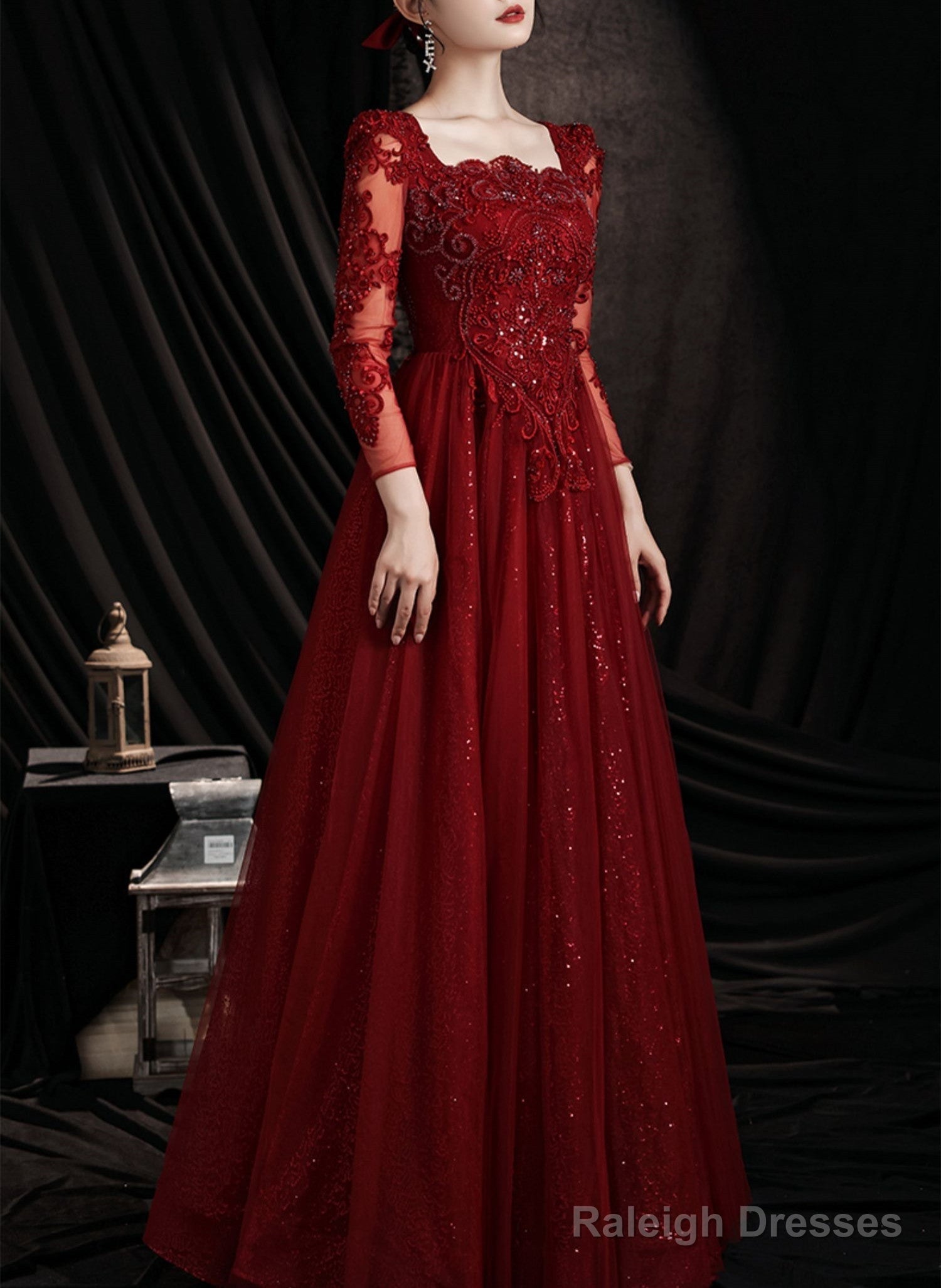 Wine Red Lace Long Sleeves Low Back Tulle Prom Dress, Wine Red Beaded Party Dress Main image