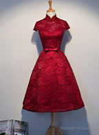 Wine Red Lace Tea Length Wedding Prom Dress Beautiful Lace Prom Dress