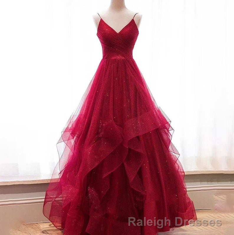 Wine Red Layers Tulle V-neckline Straps Formal Dress, Wine Red Evening Dress Party Dress Main image