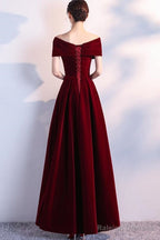Wine Red Long Party Dress Velvet Evening Dress, A-Line Off Shoulder Prom Dress
