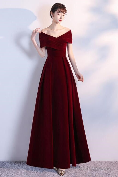 Wine Red Long Party Dress Velvet Evening Dress, A-Line Off Shoulder Prom Dress