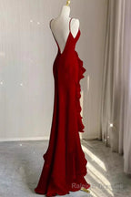 Wine Red Long Round Neckline Low Back, Wine Red Evening Dress Prom Dress