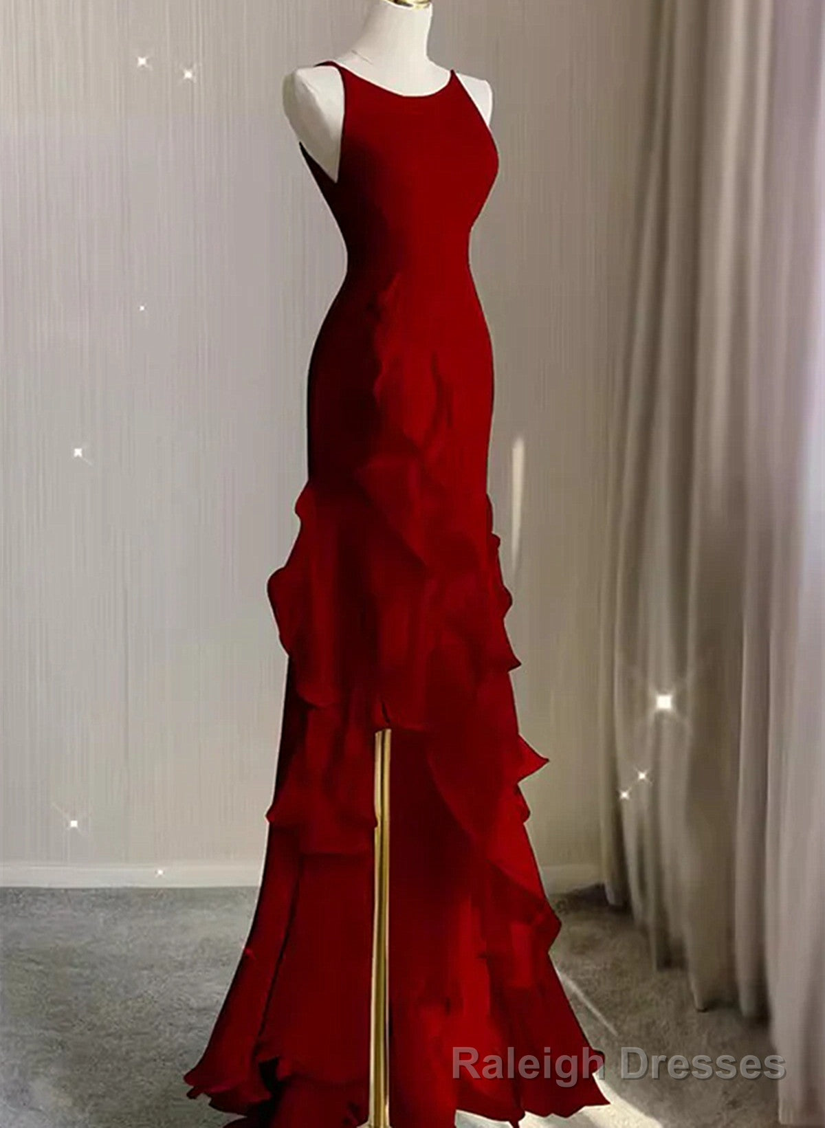 Wine Red Long Round Neckline Low Back, Wine Red Evening Dress Prom Dress Main image