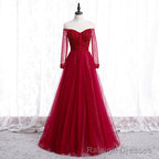 Wine Red Long Sleeves Beaded Tulle Prom Gowns, A Line Wine Red Long Prom Dress