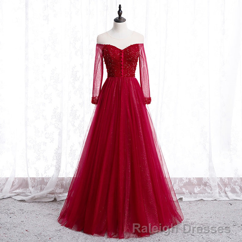 Wine Red Long Sleeves Beaded Tulle Prom Gowns, A Line Wine Red Long Prom Dress