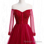 Wine Red Long Sleeves Beaded Tulle Prom Gowns, A Line Wine Red Long Prom Dress