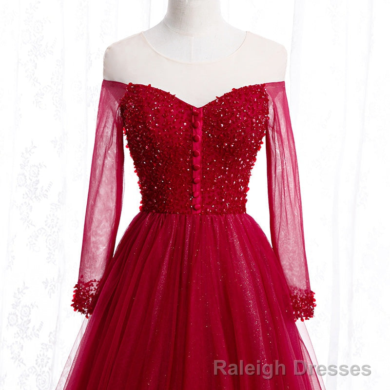 Wine Red Long Sleeves Beaded Tulle Prom Gowns, A Line Wine Red Long Prom Dress