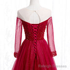 Wine Red Long Sleeves Beaded Tulle Evening Gown, A-line Wine Red Long Prom Dress