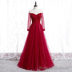 Wine Red Long Sleeves Beaded Tulle Evening Gown A-line Wine Red Long Prom Dress prom dresses shops