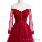 Wine Red Long Sleeves Beaded Tulle Evening Gown A-line Wine Red Long Prom Dress prom dresses shops