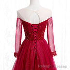 Wine Red Long Sleeves Beaded Tulle Evening Gown A-line Wine Red Long Prom Dress prom dresses shops