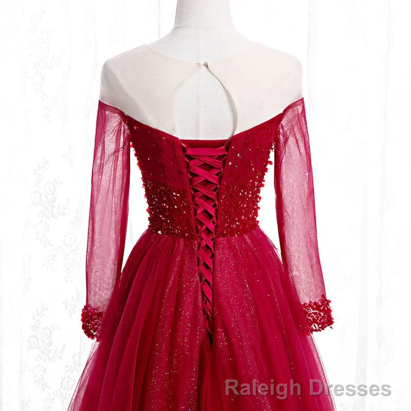 Wine Red Long Sleeves Beaded Tulle Evening Gown A-line Wine Red Long Prom Dress prom dresses shops