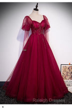 Wine Red Long Sleeves Tulle Evening Gown Prom Dress, Dark Red Beaded Party Dresses