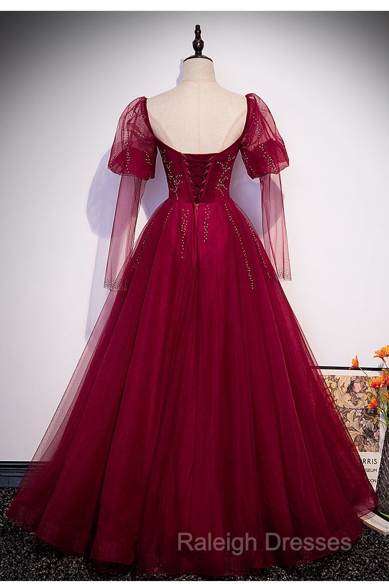 Wine Red Long Sleeves Tulle Evening Gown Prom Dress, Dark Red Beaded Party Dresses