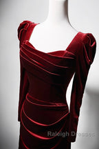 Wine Red Long Sleeves Velvet Long Party Dress, Wine Red A-Line Prom Dress Wedding Party Dress