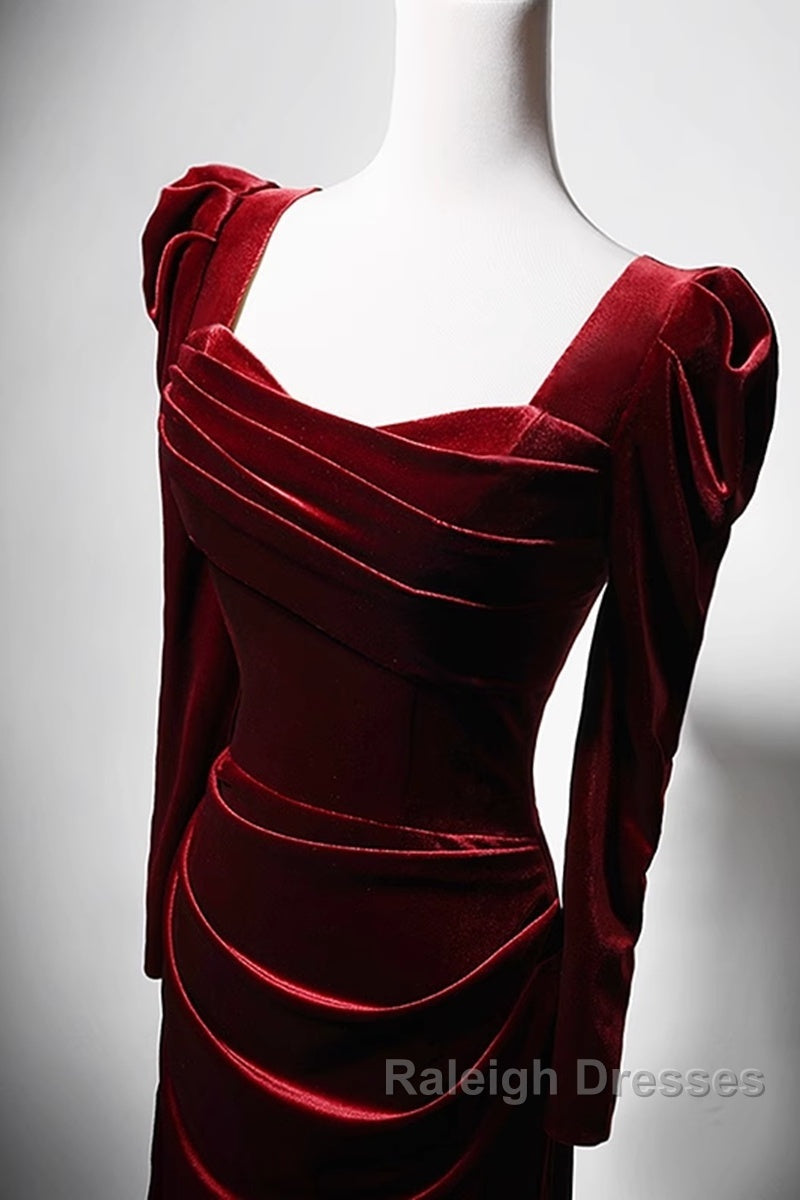 Wine Red Long Sleeves Velvet Long Party Dress, Wine Red A-Line Prom Dress Wedding Party Dress