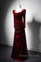 Wine Red Long Sleeves Velvet Long Party Dress, Wine Red A-Line Prom Dress Wedding Party Dress
