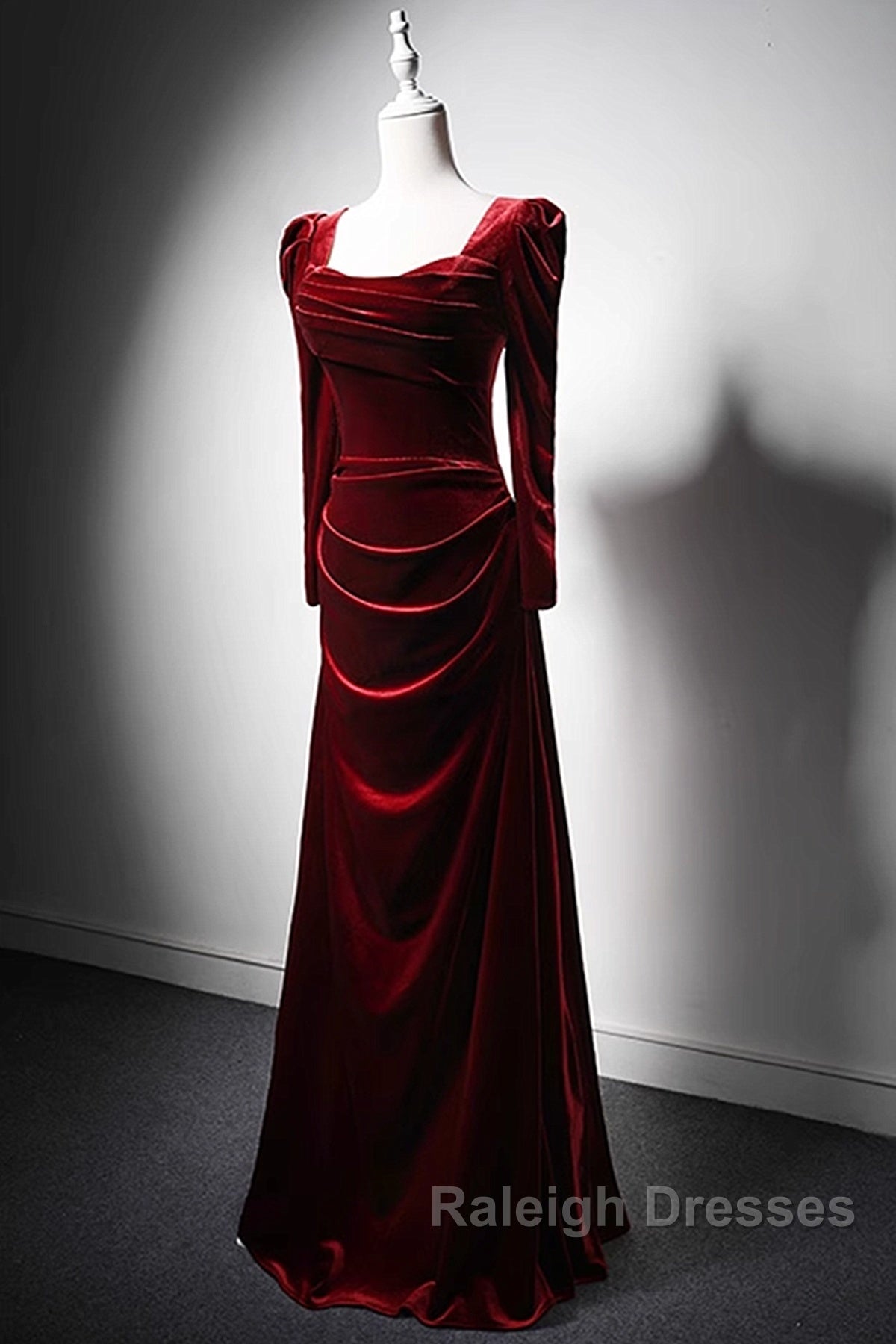 Wine Red Long Sleeves Velvet Long Party Dress, Wine Red A-Line Prom Dress Wedding Party Dress