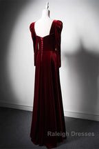Wine Red Long Sleeves Velvet Long Party Dress, Wine Red A-Line Prom Dress Wedding Party Dress