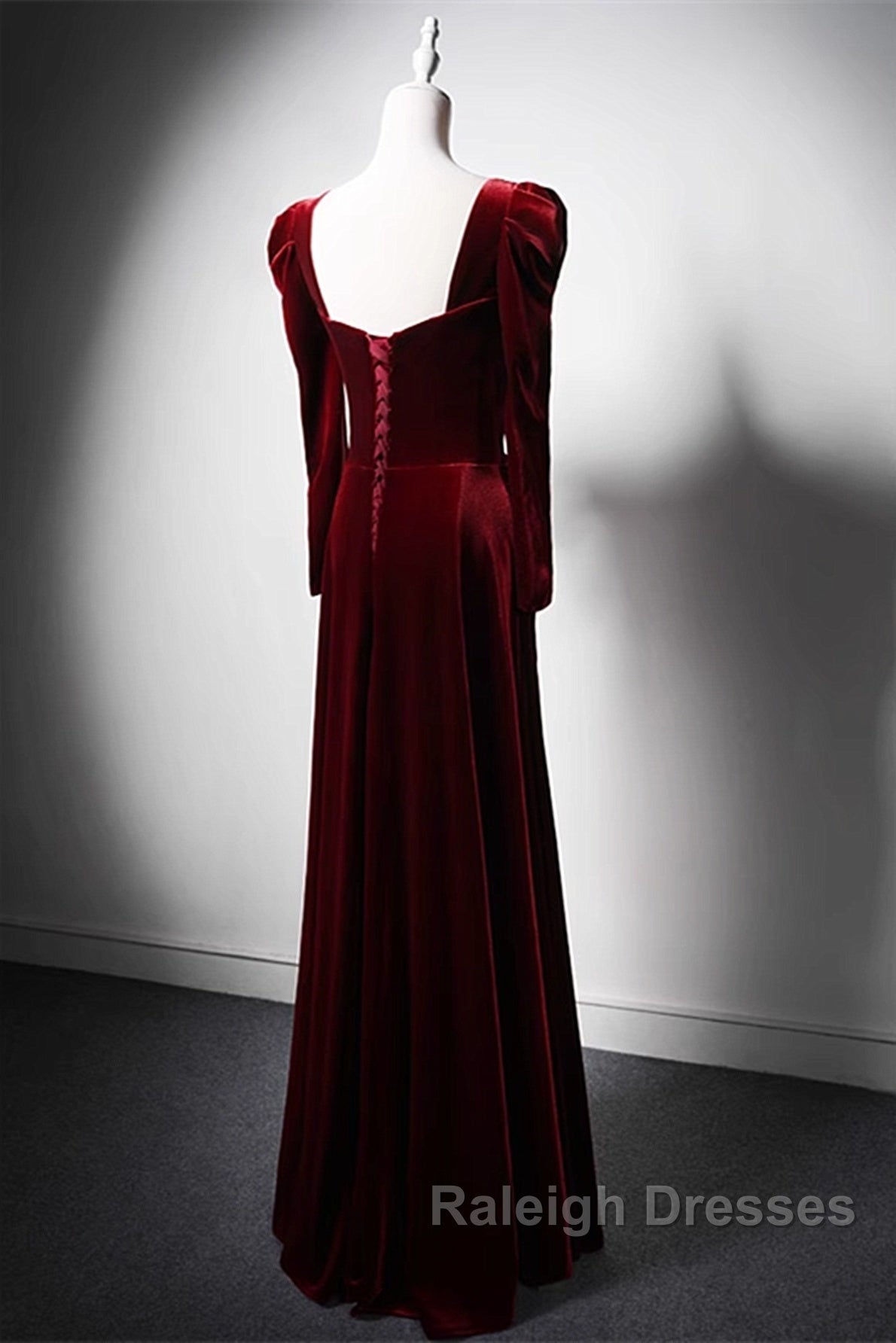 Wine Red Long Sleeves Velvet Long Party Dress, Wine Red A-Line Prom Dress Wedding Party Dress
