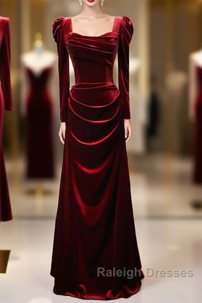 Wine Red Long Sleeves Velvet Long Party Dress, Wine Red A-Line Prom Dress Wedding Party Dress Main image