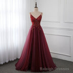 Wine Red Long Tulle V-neckline Beaded Junior Prom Dress, Dark Red Party Dress