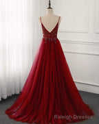 Wine Red Long Tulle V-neckline Beaded Junior Prom Dress, Dark Red Party Dress