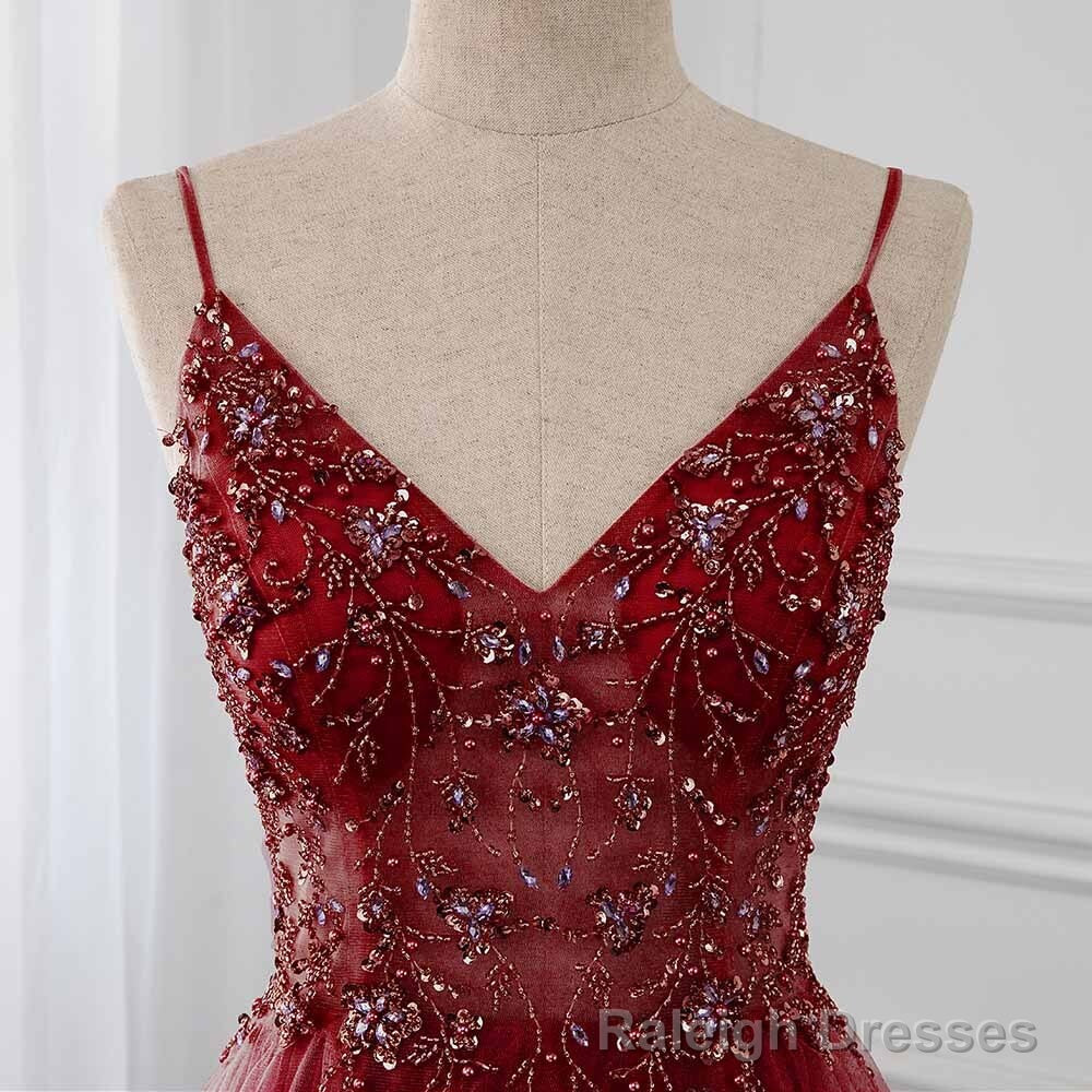 Wine Red Long Tulle V-neckline Beaded Junior Prom Dress, Dark Red Party Dress