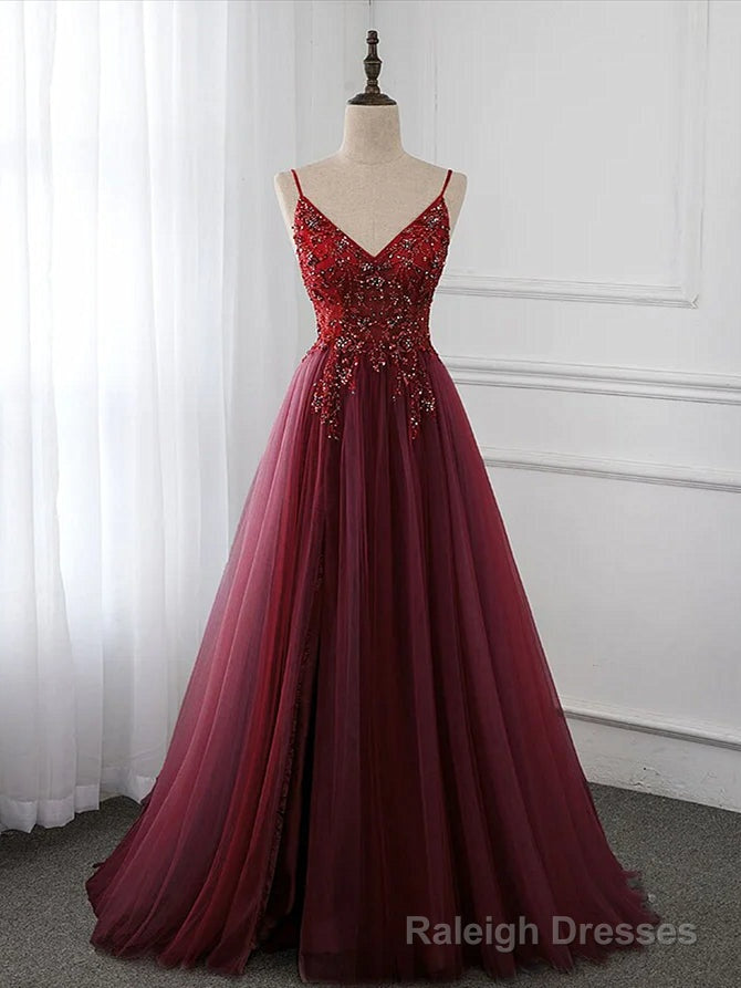 Wine Red Long Tulle V Neckline Beaded Junior Prom Dress, Dark Red Prom Dress