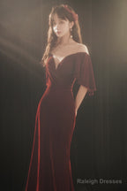 Wine Red Memaid Evening Dress Party Dress, Velvet Long Prom Dress