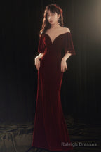 Wine Red Memaid Evening Dress Party Dress, Velvet Long Prom Dress