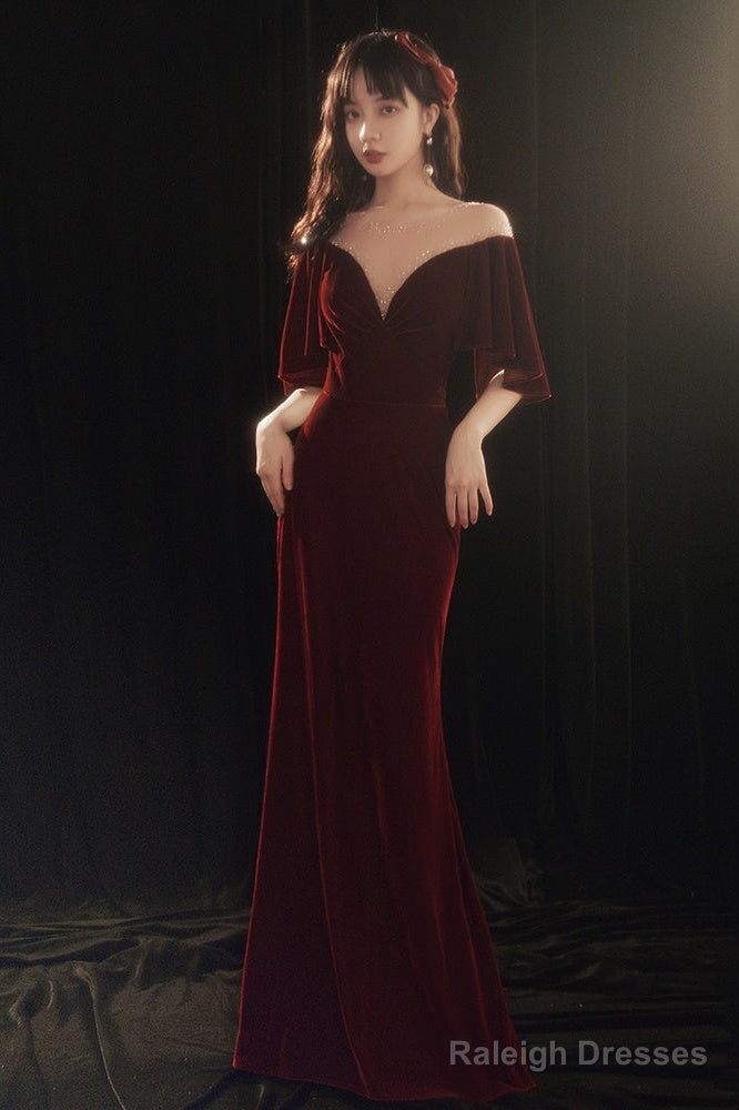Wine Red Memaid Evening Dress Party Dress, Velvet Long Prom Dress