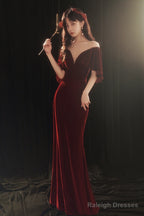 Wine Red Memaid Evening Dress Party Dress, Velvet Long Prom Dress