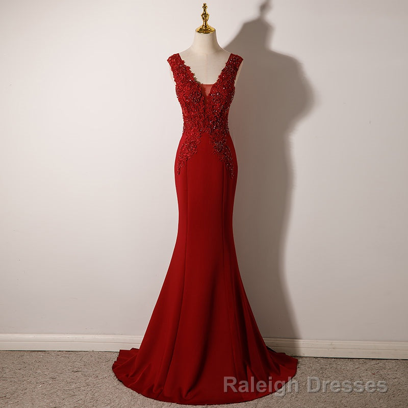 Wine Red Mermaid Floor Length Low Back Evening Dress, Burgundy Prom Dress Party Dress Main image