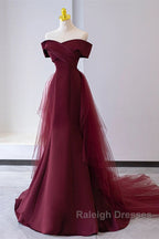 Wine Red Mermaid Lace-Up Satin Long Formal Dress, Wine Red Off Shoulder Evening Dress