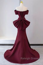 Wine Red Mermaid Lace-Up Satin Long Formal Dress, Wine Red Off Shoulder Evening Dress