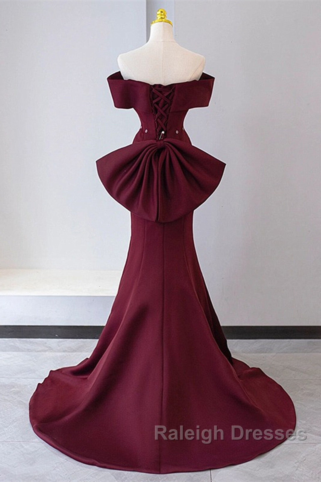 Wine Red Mermaid Lace-Up Satin Long Formal Dress, Wine Red Off Shoulder Evening Dress