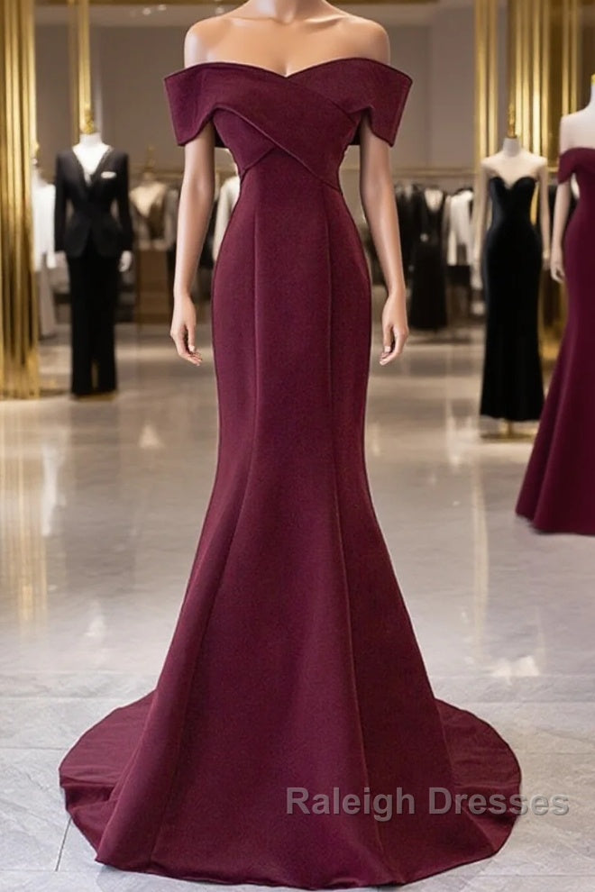 Wine Red Mermaid Lace-Up Satin Long Prom Dresses Wine Red Off Shoulder Prom Dresses Main image