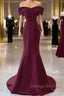 Wine Red Mermaid Lace-Up Satin Long Prom Dresses Wine Red Off Shoulder Prom Dresses